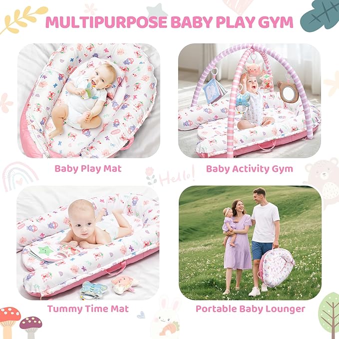 Pink Baby Play Mat, 7-in-1 Infant Gym Mat for Sensory and Motor Development, Washable & Portable Newborn Tummy Time Activity Mat for Home & Travel, Babies Gift for 0-3-6-9-12-18 Months