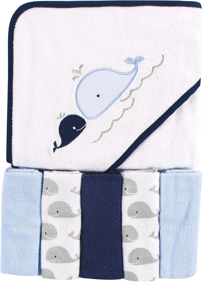 Luvable Friends Unisex Baby Hooded Towel with Five Washcloths, Whale, One Size
