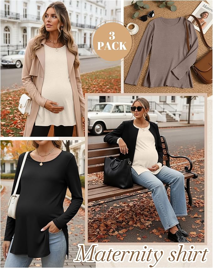 Riyiper 3 Pack Women's Maternity Long Sleeve T-Shirts Round Neck Side Split Tops Loose Casual Pregnancy Mama Clothes Fall