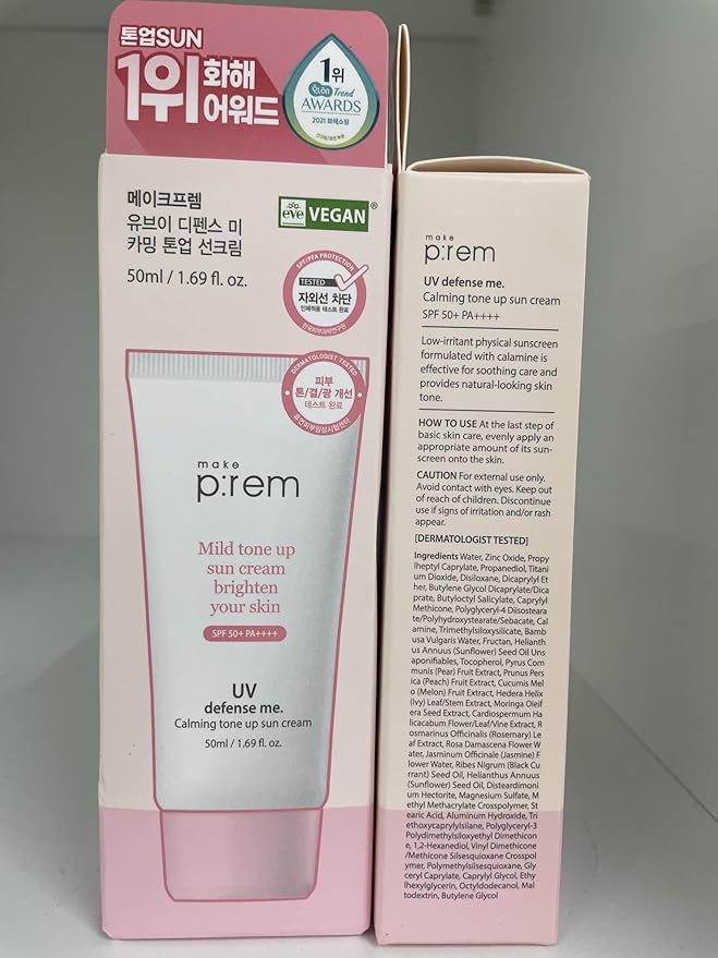 MAKE P:REM UV Defense Me. Calming Tone Up Sunscreen, Non-Nano Zinc Oxide, Reef Safe, Chemical Free, Non-Greasy, SPF 50, Korean Sunscreen,1.69 fl. oz. (50ml)