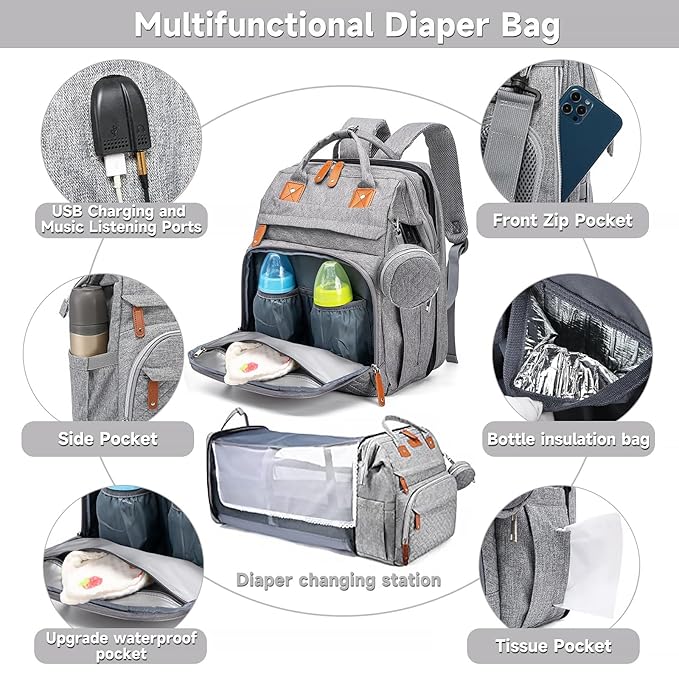 Baby Diaper Bags with Changing Station Multifunctional Waterproof Diaper Bag Backpack Travel Baby Bag with Changing Pad, Pacifier Case,Baby Essentials(Grey)