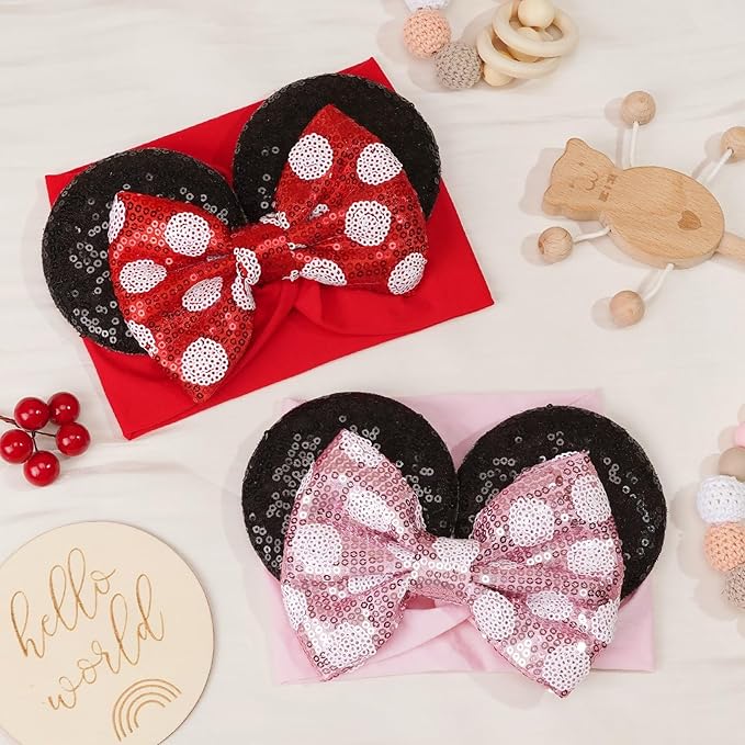 2Pcs Baby Girl Large Mouse Ears Dot Headbands with Sequin Bow, Wide Nylon Turban Hairband, Theme Park Headwear, Hair Bow Headband for Toddler, Kids, Party Supplies