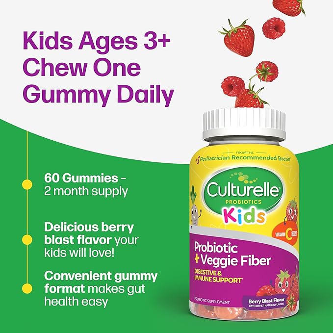 Culturelle Daily Probiotic For Kids + Veggie Fiber Gummies (Ages 3+) - 60 Count - Digestive Health & Immune Support – Berry Flavor with a Vitamin C Boost