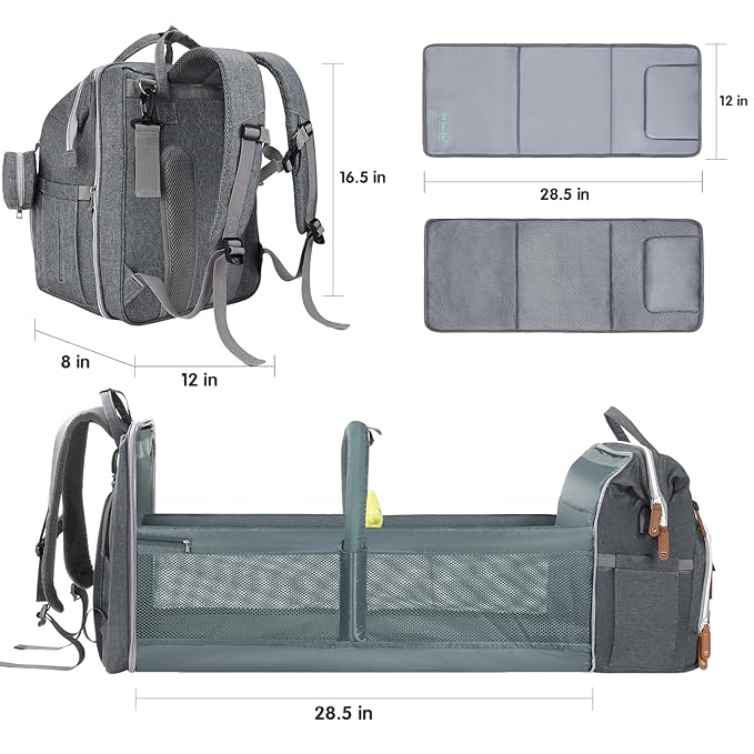 DERJUNSTAR Baby Diaper Bag Backpack with ChangingStation-Large Capacity Baby Bag for Boys & Girls, USBCharging Port, Pacifier Case, sunshade & Toy Bar,Waterproof