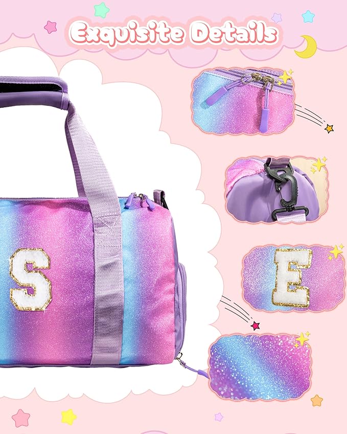 Birthday Gifts for Kid-Girl Gym Bag with Shoe Compartment, Kid Personalized Weekender Overnight Bags, Initial Travel Tote with Makeup Pouch Gifts for Kids (Letter I)