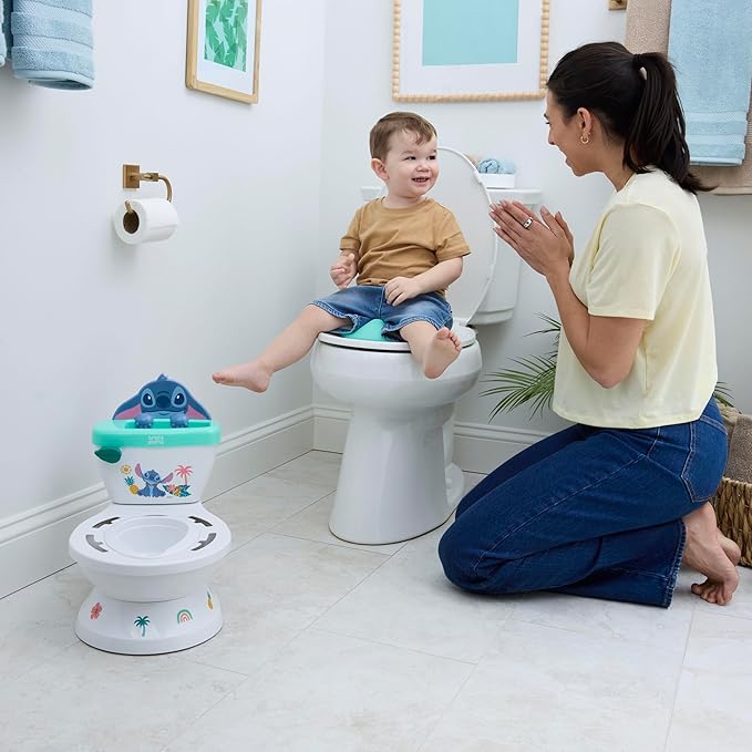 Bright Starts Disney Junior Stitch My Size Potty Training Toilet, Toddler Potty Chair with Flushing & Cheering Sounds, Removable Seat with Splash Guard & Handles, Ages 18+ Months, Up to 50 lbs