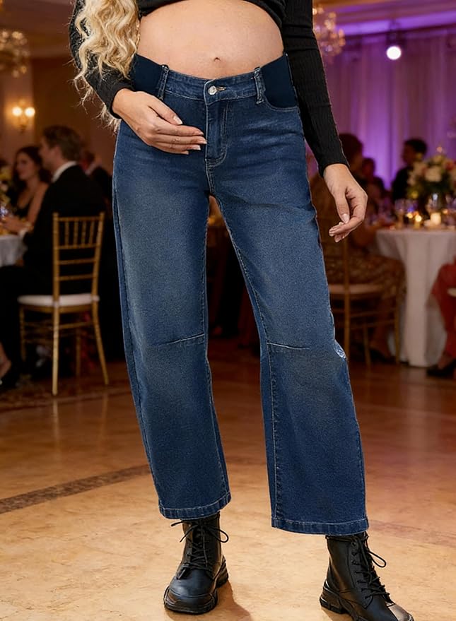 BLENCOT Women's Maternity Jeans Elastic Hight Waist Stretch Barrel Jeans Wide Leg Side Panel Pregnancy Denim Pants