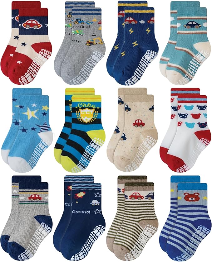 RATIVE Non Skid Anti Slip Crew Socks With Grips for Baby Infant Toddlers Kids Boys