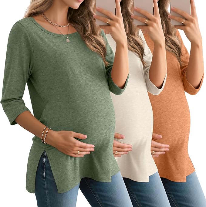 3 Pack Women's 3/4 Sleeve Maternity Shirts Elbow Length Clothes Round Neck Tunics Pregnancy Loose Side Split Tops