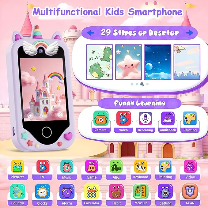 Kids Smart Phone for Girls, Children Christmas Birthday Gift for Age 3, 4, 5, 6, 7, 8 Year Old, Kids Phone Toy with Touchscreen, Dual Camera, Game, Learning Play Toy, Toddler Mp3 Player