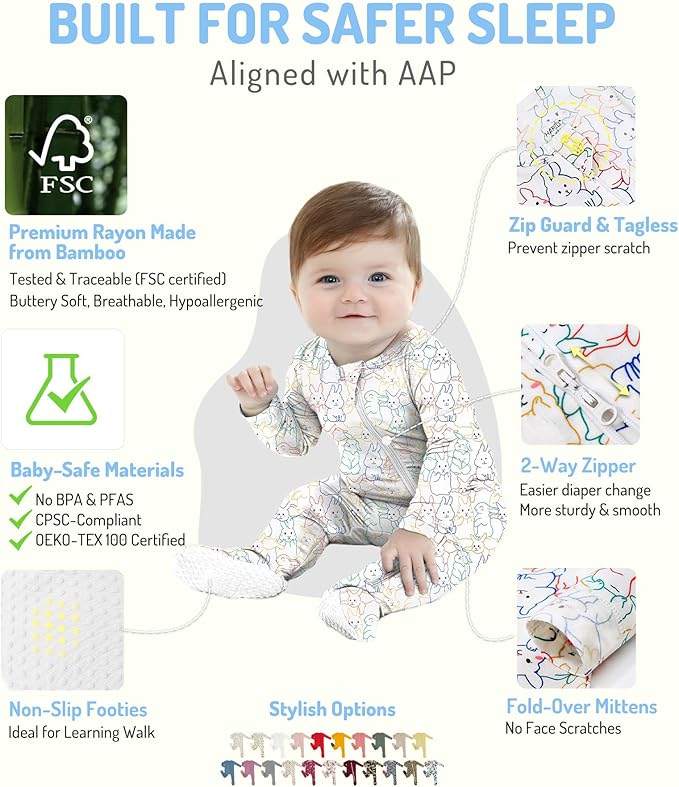 HAPIU Rayon from Bamboo Baby Footed Pajamas, 2 Way Premium Zipper, Footie for Baby Boy Girls, Newborn-24 Months