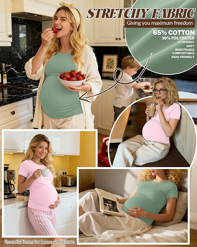 Huukeay 4 Pack Women's Maternity Shirts, Crew Neck Maternity Top Short Sleeve Casual Cotton Tee Side Ruched Pregnancy Clothes
