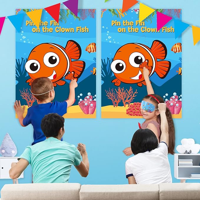 NEBURORA 2 Pack Pin The Fin on The Clownfish Party Game 2 Large 21"x 28" Posters with 48pcs Stickers Ocean-Themed Birthday Party Supplies Decorations for Kids Boys Classroom Game Wall Home Decor