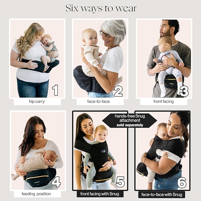 Tushbaby Original Hip Seat Baby Carrier for Babies & Toddlers up to 45 lbs, Safety Certified, Lightweight No-Foam Design with Storage & Nursing Support, Black & Gold