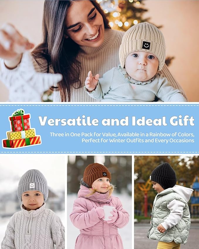 Alepo 3 Pack Baby Beanie Hats with Earflaps, 2 Size Baby Winter Hat for Toddler Kids, Fleece Lined Knit Hat for Girls Boys