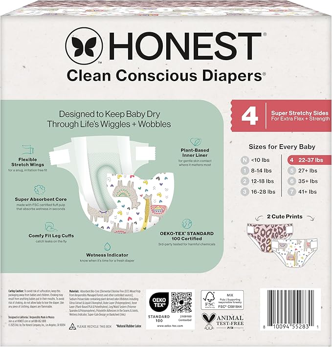The Honest Company Comfort Dry Disposable Diapers for Sensitive Skin, Hypoallergenic, Fragrance-Free, Wild Thang + All The Alpacas, Club Box, Size 4 (22-37 lbs), 54 Count