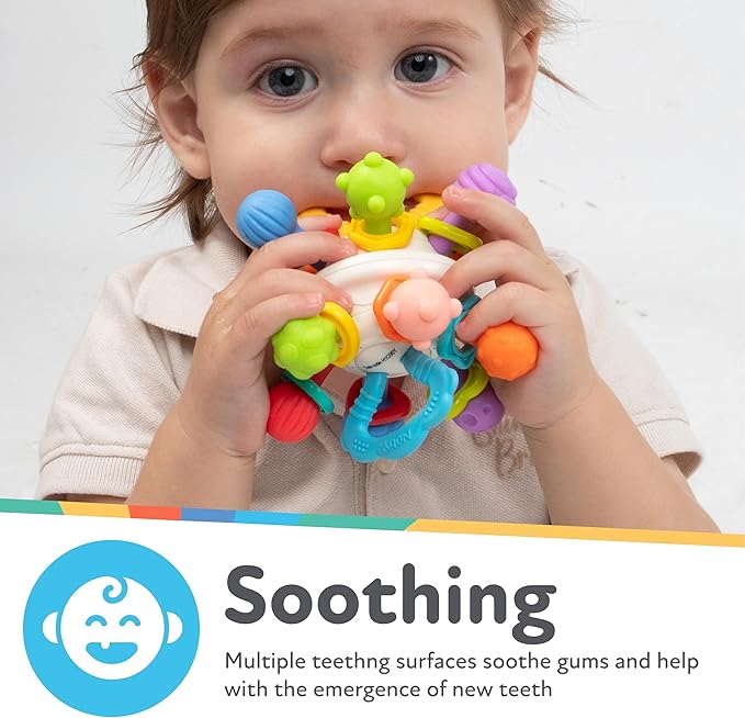 Nuby Twist Ball Teether Activity Toy with Rattle and Fun Bright Colors - Montessori Sensory Toy Develops Fine Motor Skills - 3 + Months