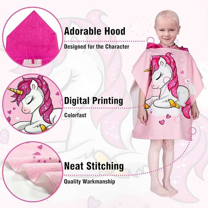 Hooded Kids Beach Towels - Toddler Bath Towel Girls Boys Swim Cover-ups for Ages 1 to 6 Kids Pool Towels Quick Dry Lightweight Soft Microfiber Poncho Towel 24x23(Unicorn Pink)