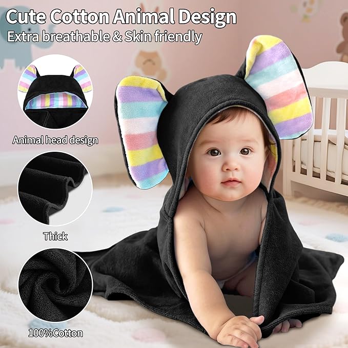 VOOVA & MOVAS Luxury Black Baby Hooded Bath Towel - 100% Cotton,500GSM, 33x31.5 Inches,0-2Years, Super Absorbent Large Towel with Cute Elephant Ears Hood for Newborn,Infant, Baby Essentials,Black