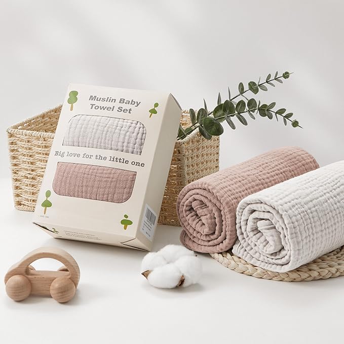 Susurration Hooded Baby Towels for Newborn 2 Pack 100% Muslin Cotton Towel for Babies，Highly Absorbent and Newborn Essential 30x30 Inch Beige&Sand