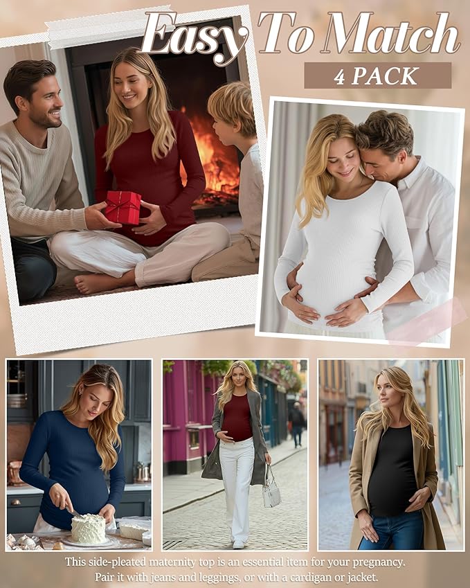 Huukeay 4 Pack Women's Maternity Shirts, Long Sleeve Cotton Ribbed Pregnancy Tops Side Ruched Crew Neck Casual Mama Clothes