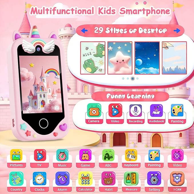 Kids Smart Phone for Girls Gifts, Toddler Christmas Birthday Gift for Age 3, 4, 5, 6, 7, 8 Year Old, Kids Phone Toy with Touchscreen, Dual Camera, Game, Kid Mp3 Player, Learning Play Toy