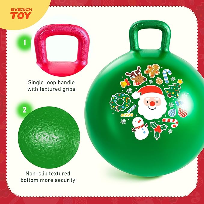EVERICH TOY 2-Pack Hopper Ball for Kids 18In Sit On Bouncy Ball with Handle with Christmas Reindeer Ears, The Top Green & Red Christmas Boys Girls Gifts for 4 5 6 7 8 Yr Old Indoor Outdoor Active Play