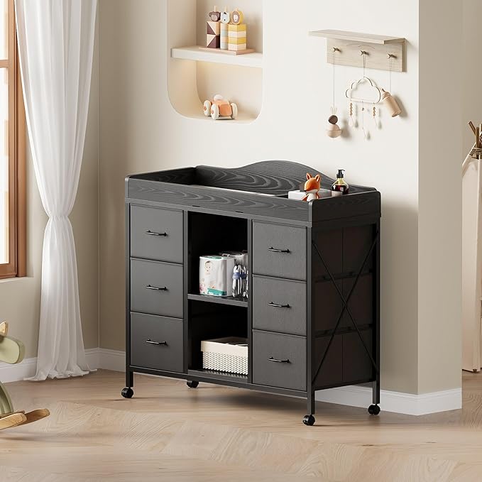 Changing Table, 6-Drawer Baby Dresser with Changing Table top,Waterproof Diaper Changing Station & Pad, 2 Height-Adjustable Open Storage Shelves, Mobile Nursery Organizer, Black