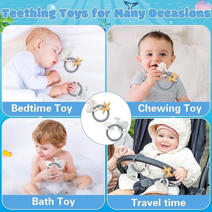 Silicone Teether Toys for Babies - 2ooya 2Pcs Summer Ocean Beach Themed Teething Ring Infant Soft Teethers, Toddler Teething Chew Toys for Newborn Boy and Girl Baby Shower Birthday Gifts