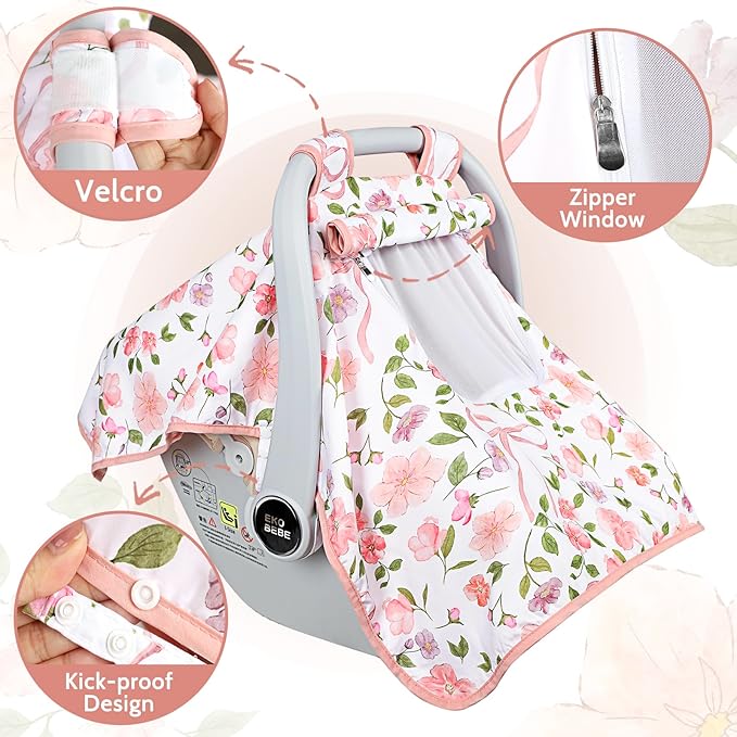 Baby Carseat Seat Cover Girls, Winter Carseat Canopy, Cozy & Warm Cover with Zipper Peep Windows, Infant Minky Carrier Cover, Soft Breathable, Baby Must Have, Pink Bow