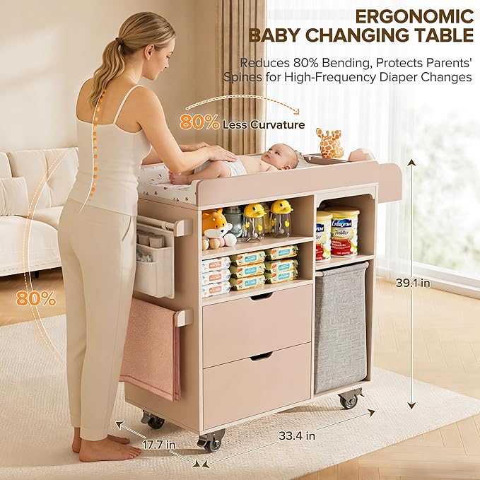 100% Solid Wood Baby Changing Table Dresser with Drawers, Nursery Diaper Changing Station with Changing Pad & Built-In Trash Bag Storage, Rolling Space-Saving Design for Newborn & Toddler, Pink