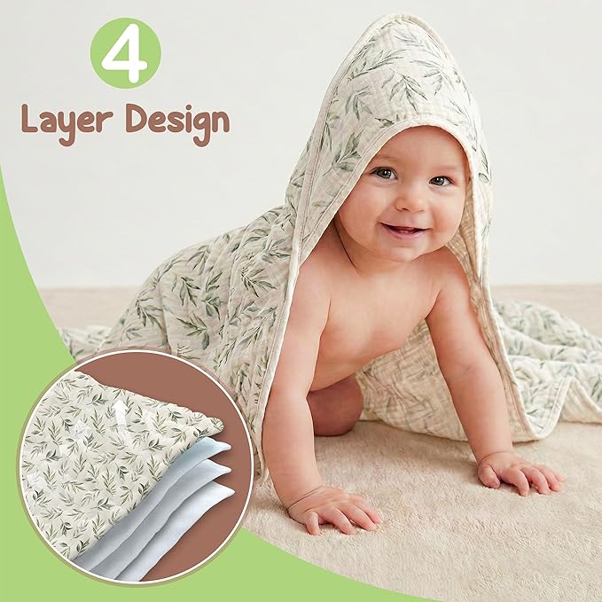 100% Organic Cotton Muslin Baby Hooded Towels 32x32 Inch – 2 Pack Soft & Absorbent Baby Hooded Towel Wrap for Boys & Girls, Premium Hooded Towels, Gentle Baby Essentials in Deep Green/Floral