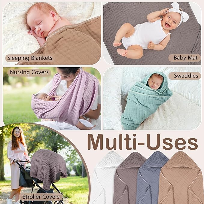 Peryiter 4 Pcs Muslin Hooded Baby Towels 32x32inch Cotton Newborn Bath Essentials Muslin Infant Blankets Absorbent Registry Baby Shower Present for Babies Girl Boy Kids (White,Coffee,Blue)
