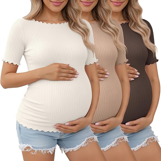 3 Pack Women's Maternity Ribbed Shirts Cotton Short Sleeve Pregnancy Tops Boat Neck Lettuce Trim Mama Clothes