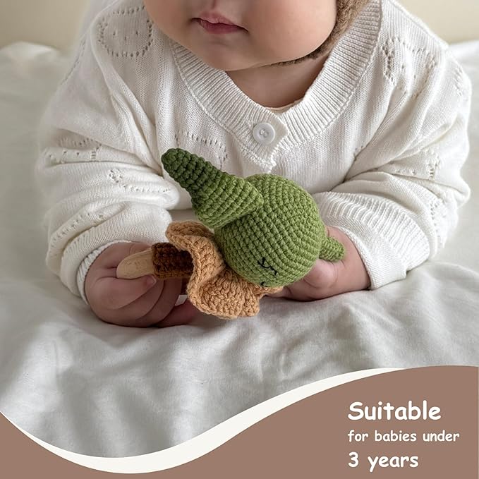 DICHA Wooden Baby Rattle-Crochet Baby Rattle- Infant Rattle Sensory Development Wooden Toys Set-Includes Beech Wooden Teething Ring- Baby Teether Green Alien Style