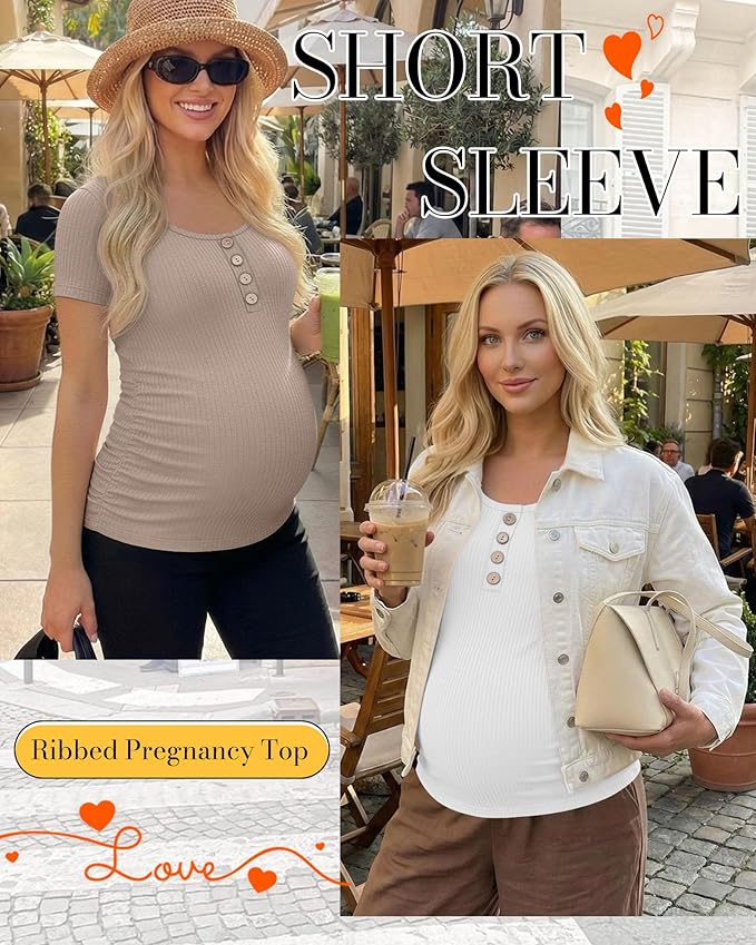 4 Pack Womens Maternity Shirts Scoop Neck Cotton Short Sleeve Ribbed Pregnancy Top Henley Side Ruched Mama Clothes