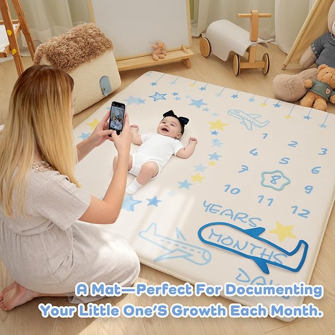 1.3" Thick Playmat for Floor, 50 x50 Monthly Milestone Mat, Padded Support Soft Plush Nursery Mat for Crawling Kick Activity, Flannel Photography Background Prop for Boys Grils
