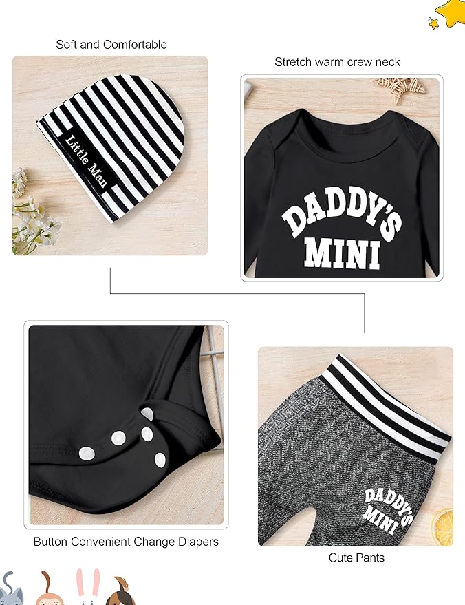 Fommy Newborn Baby Boy Clothes New to The Crew Letter Print Romper+ Pants+Hat 3PCS Outfit