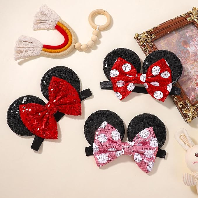 choicbaby 3 PCS Mouse Ears Sequin Bow Nylon Hairband with Polka Dot Cute Baby Headbands Soft Hairbands Hair Accessories for Newborn Infant Toddler Party Supplies