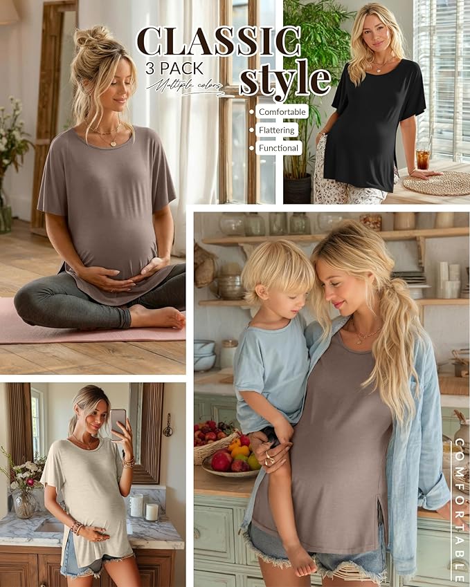 Riyiper 3 Pack Women's Maternity Tunic Shirts Cotton Summer Pregnancy Clothes Loose Oversized Split Side Blouse Tops