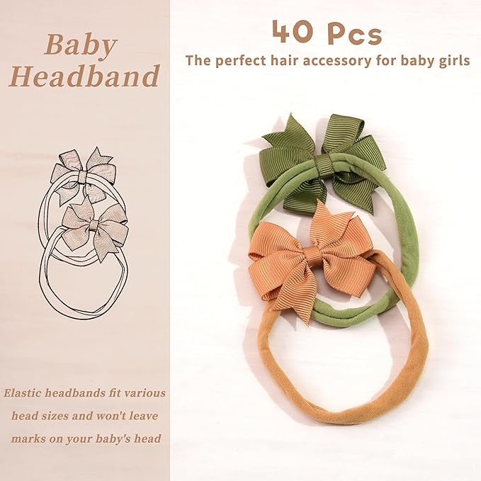 JOYOYO 40pcs Mini Baby Girls Grosgrain Ribbon Hair Bows Headbands 2" Hairband Hair Accessories for Baby Girl Infants Newborn and Toddler
