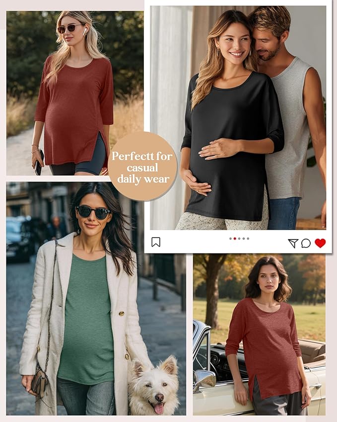 3 Pack Women's 3/4 Sleeve Maternity Shirts Elbow Length Clothes Round Neck Tunics Pregnancy Loose Side Split Tops