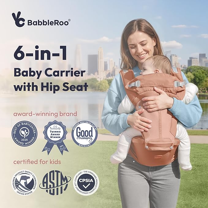 BabbleRoo Grow Carrier – Safety-Certified 6-in-1 Toddler & Baby Carrier with Hip Seat, Ergonomic & Adjustable Toddler Carrier 7-50 lbs with Hip Support, Hood for Sun Protection, Newborn to Toddler