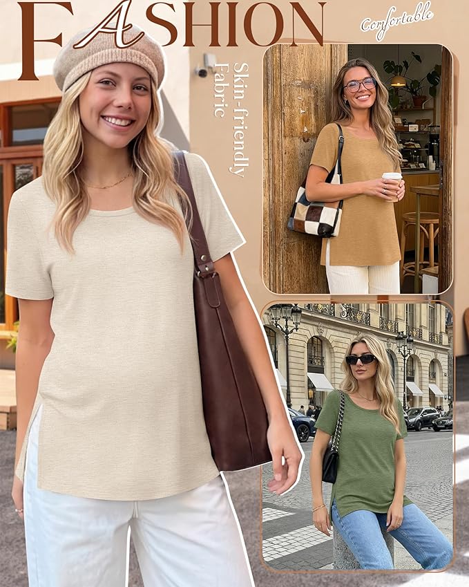 3 Pack Women's Maternity Shirts Short Sleeve Round Neck Side Split Pregnancy Tops Loose Summer Casual Mama Clothes