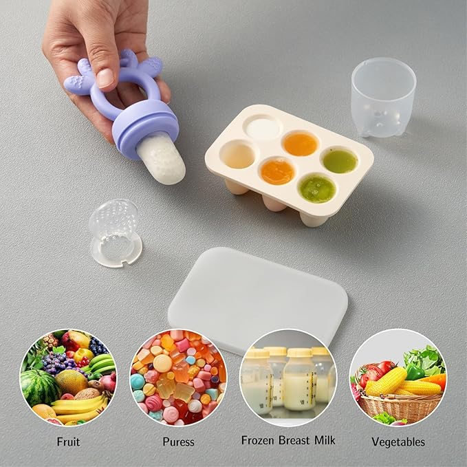Baby Fruit Food Feeder Teether with Popsicle Molds, Cute Teething Toys Silicone Teethers for Babies 3-12 Months for Baby Feeding Gift