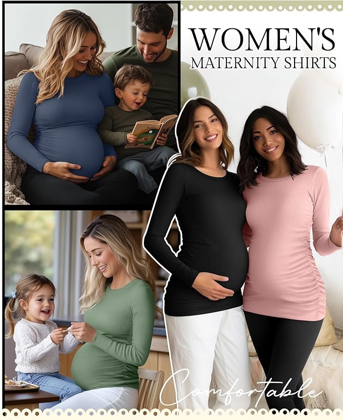 Ficerd 4 Pack Women's Maternity Shirts Cotton Long Sleeve Ribbed Crew Neck Pregnancy Tops Side Ruched Casual Mama Clothes