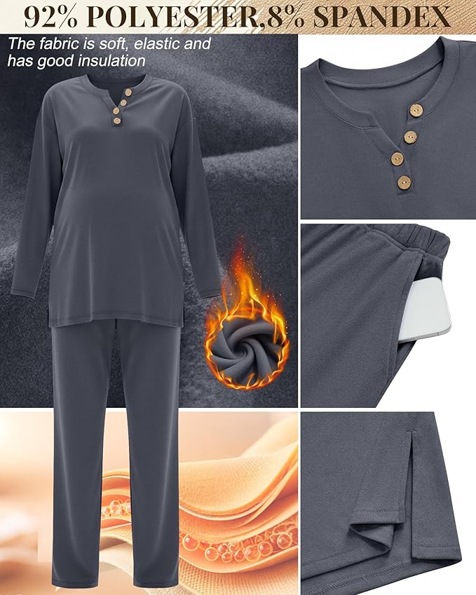 2 Piece Thermal Maternity Lounge Set Postpartum Pregnancy Fleece Loungewear Long Sleeve Top and Wide Leg Pant