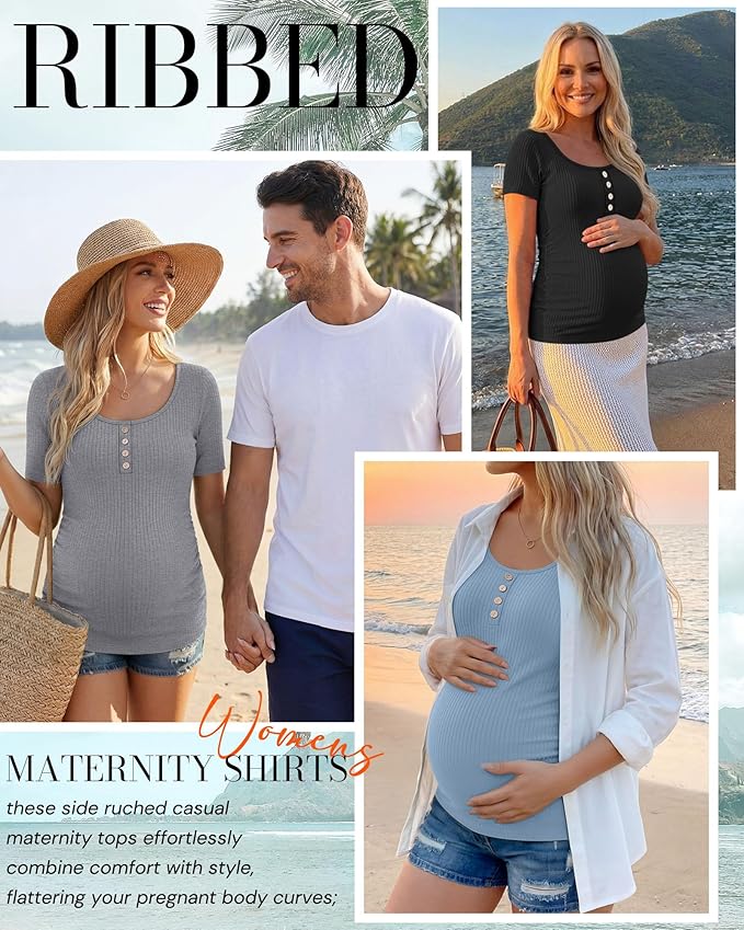 4 Pack Womens Maternity Shirts Scoop Neck Cotton Short Sleeve Ribbed Pregnancy Top Henley Side Ruched Mama Clothes