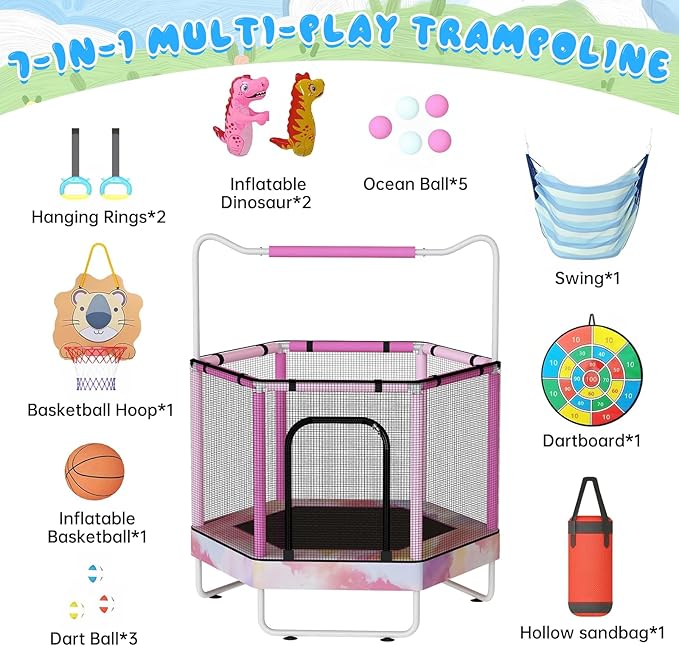 LAMERGE 55" 7-in-1 Round Trampoline for Kids Boys & Girls Ages 1-8, Indoor & Outdoor Trampoline for Fun, Adjustable Height Handrail ＆ Enclosed Safety Net ＆ Durable Designs for Toddlers Children