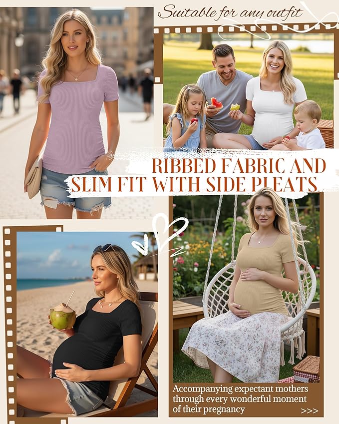 Huukeay 4 Pack Women's Maternity Shirts Cotton Ribbed Short Sleeve Square Neck Pregnancy Tops Side Ruched Summer Tee